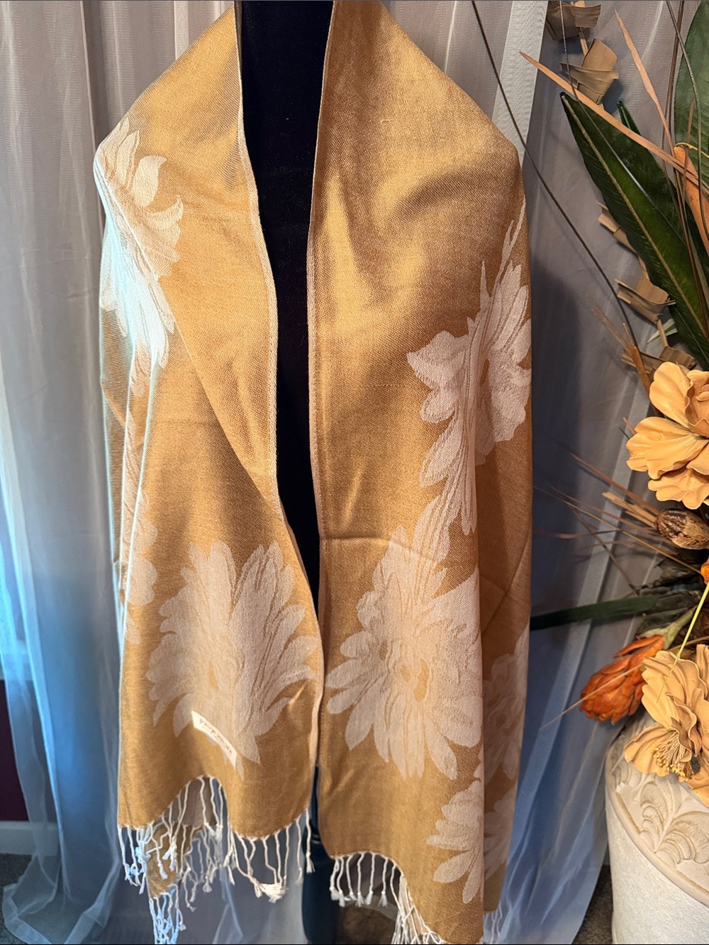 Golden Floral Fringed Wrap Scarf